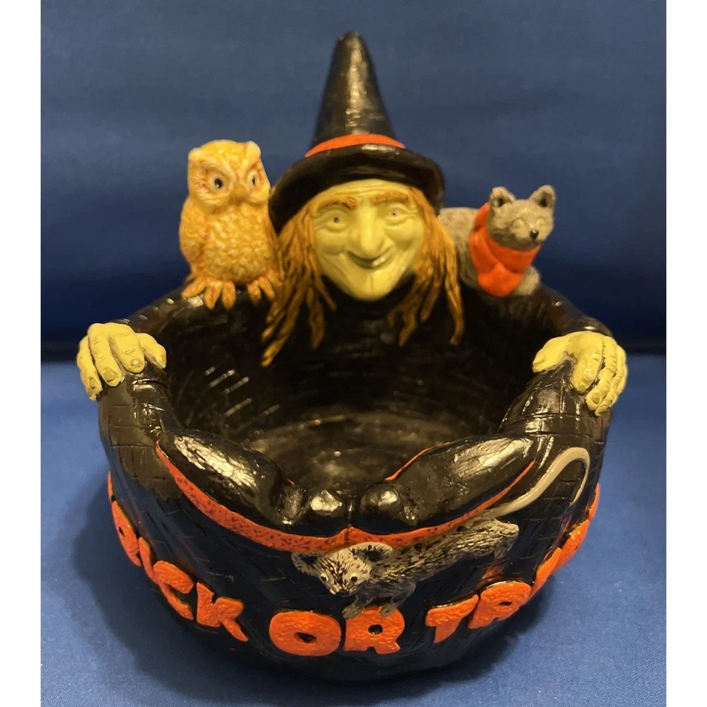 Vtg '85Accents Unltd Halloween Trick Or Treat Witch Owl Cat Chalkware Candy Bowl